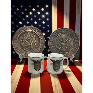 USA Spirit Of 76 Bicentennial Medallion Mugs and Copper Wall Plates Set of 4 VTG